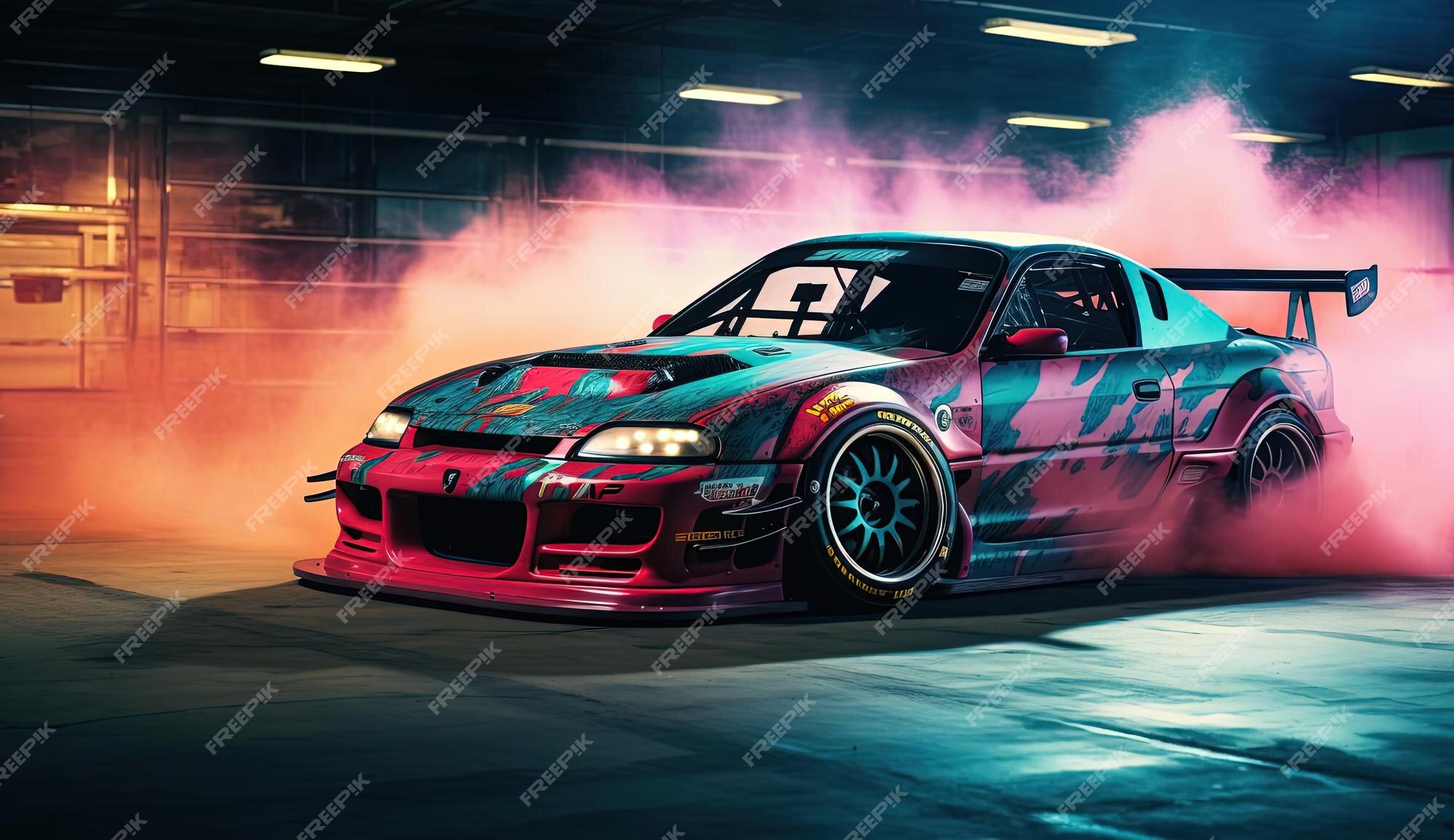 Um carro de drift com fumaça saindo no estilo de paleta de cores realista