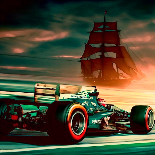 Um carro de F1 em uma pista com caravelas portuguesas no fundo simbolizando uma corrida em Portugal