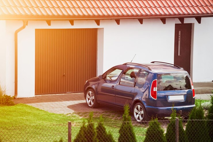 Foto um carro de família azul senta-se pacificamente na calçada de uma bela casa isolada com uma porta de garagem marrom e telhas de telhado vermelhas