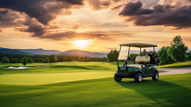 Um carro de golfe Um carro de carrinho de golfe no fairway de um campo de golfe com campo de grama verde fresco e céu nublado e árvore ao pôr do sol