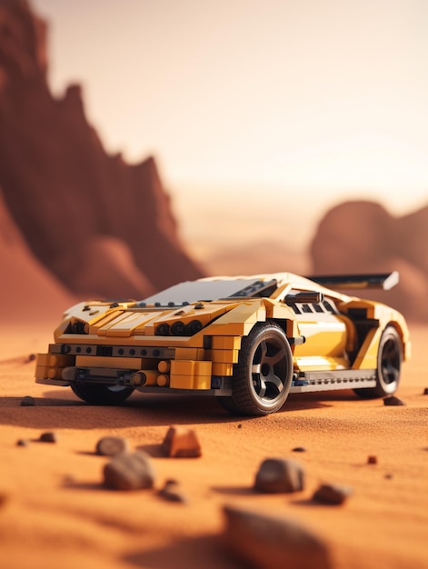 Um carro de lego é mostrado no deserto com a palavra lamborghini ao lado.