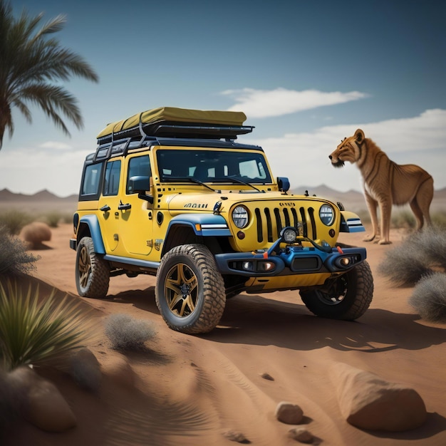 Um carro de safari amarelo no deserto generativo ai