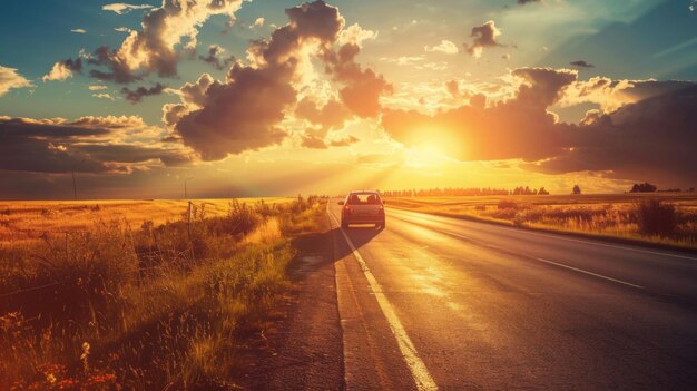 Um carro desce por uma estrada rural enquanto o sol se põe lançando um brilho quente na paisagem