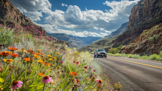 Foto um carro dirigindo ao longo de uma estrada de montanha alinhada com flores silvestres em flor adicionando explosões de cor à paisagem acidentada