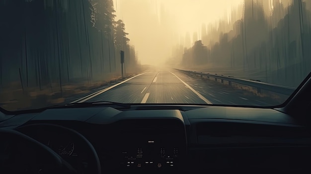 um carro dirigindo em uma estrada com fundo nebuloso.