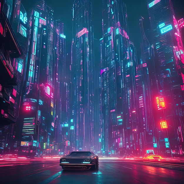 Um carro dirigindo em uma rodovia em frente a uma cidade neon.