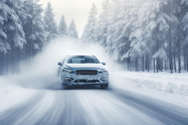 Um carro dirigindo no inverno em condições perigosas de neve e gelo