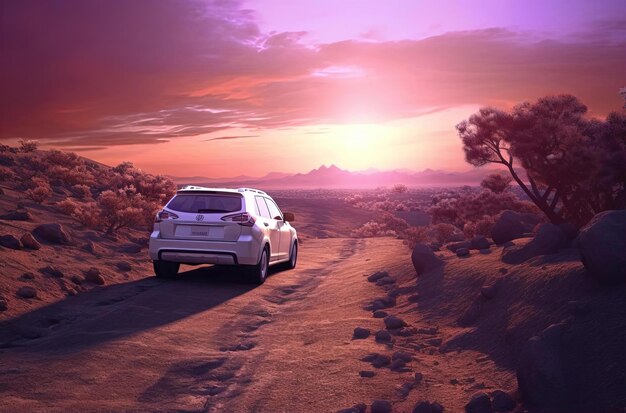 Foto um carro dirigindo por uma estrada de terra no pôr-do-sol por uma colina no estilo da energia juvenil