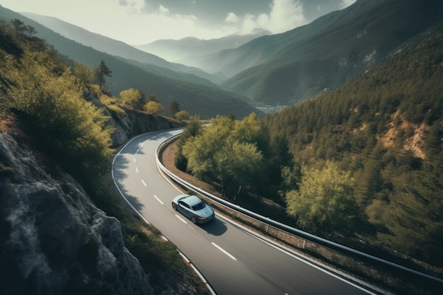 Um carro dirigindo por uma estrada sinuosa na montanha Imagem generativa de IA