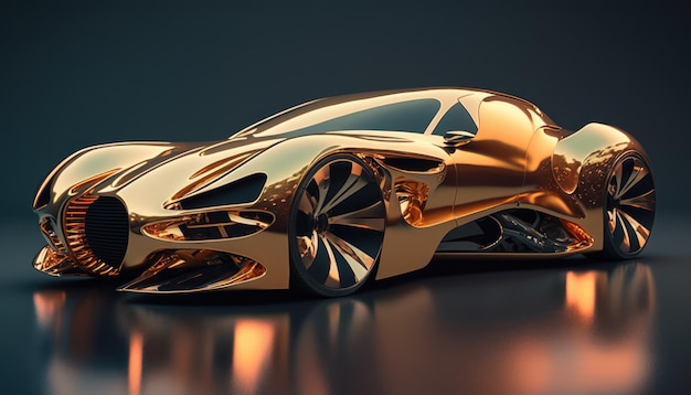 Um carro dourado com carroceria dourada e carroceria prateada.