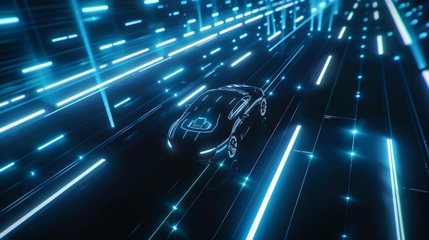 Um carro elétrico atravessa graciosamente um túnel iluminado por uma hipnotizante exibição de luzes vibrantes, criando uma cena mágica e cativante