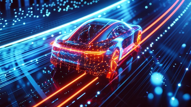 Um carro elétrico atravessa graciosamente um túnel iluminado por vibrantes luzes de néon, criando um espetáculo visual hipnotizante