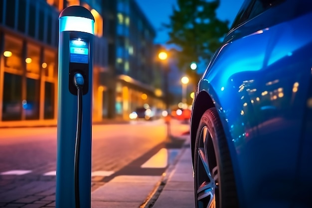 Um carro elétrico azul está estacionado em frente a um carro azul.