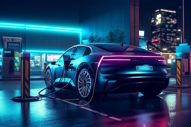 Um carro elétrico ecologicamente correto carregando em um posto de gasolina da cidade com elementos neon de paisagem industrial e promovendo um ambiente saudável com zero emissões nocivas