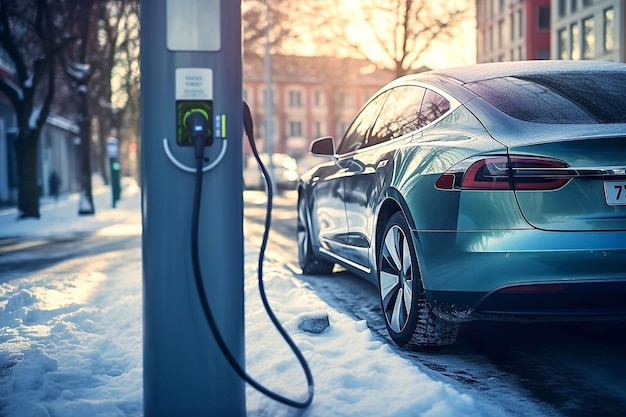 Foto um carro elétrico moderno em uma estação de carregamento em um dia frio e nevado de inverno