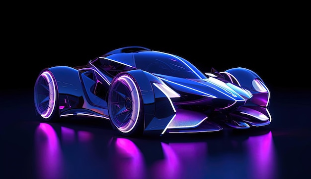 um carro elétrico raytraced em um fundo preto no estilo de luz violeta e luz azul