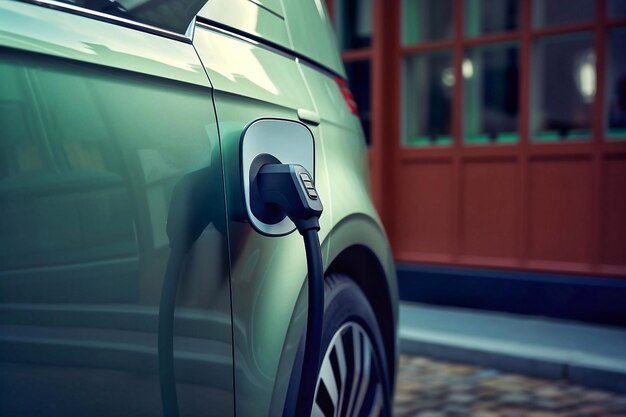 Foto um carro elétrico verde moderno está carregando no quintal da casa