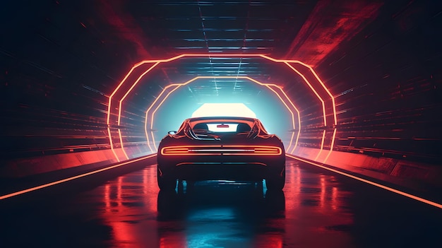 Um carro em um túnel com as luzes acesas.