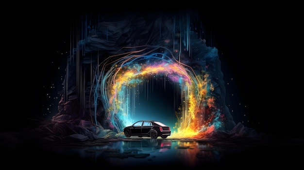 Um carro em um túnel com um arco-íris no fundo.