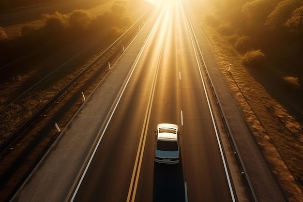 Um carro em uma estrada com o sol brilhando sobre ele