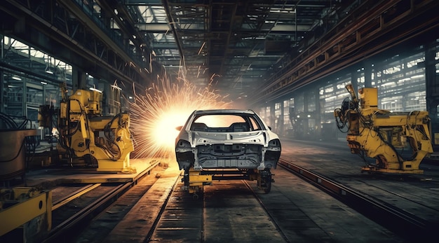 Foto um carro em uma fábrica com uma luz brilhante atrás dele