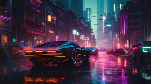 Um carro em uma noite chuvosa em luzes de neon