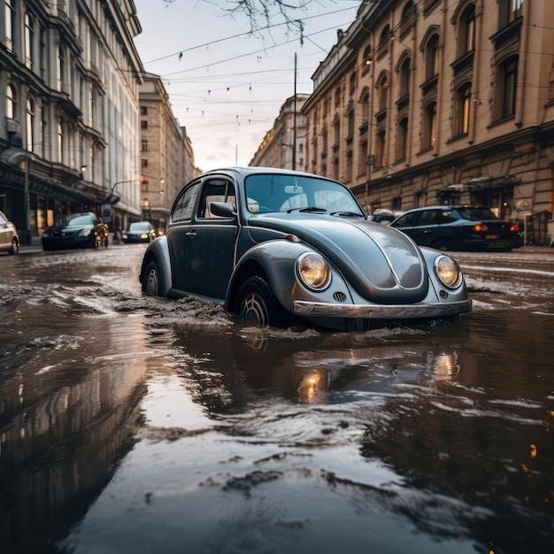 Um carro em uma rua da cidade com uma inundação