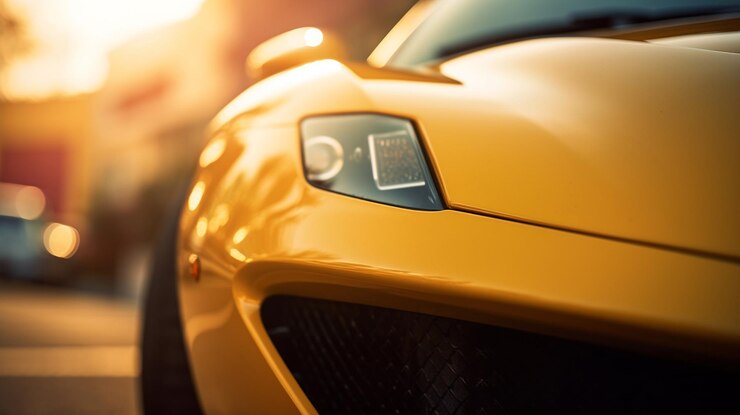 Foto um carro esportivo amarelo com o número 10 na frente.