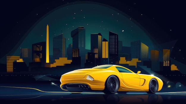 Um carro esportivo amarelo está na frente de uma paisagem urbana.