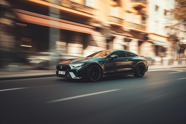 Um carro esportivo de tipo Jaguar F preto a conduzir por uma rua da cidade.