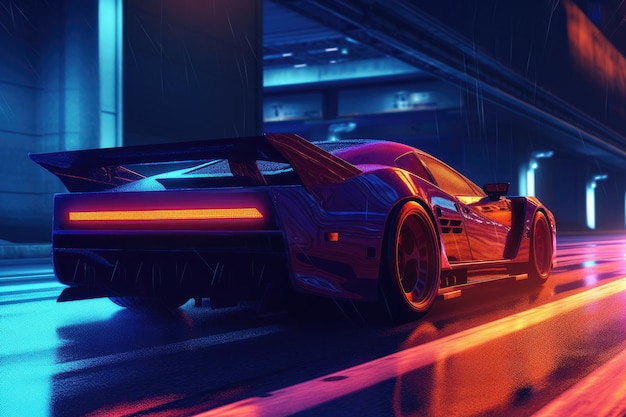 Um carro esportivo dirige pelas ruas de uma cidade noturna entre letreiros de néon estilo Cyberpunk