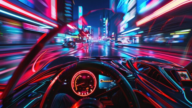 Um carro esportivo futurista a atravessar a cidade Cyberpunk