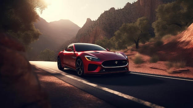 Um carro esportivo jaguar vermelho está dirigindo por uma estrada no deserto.