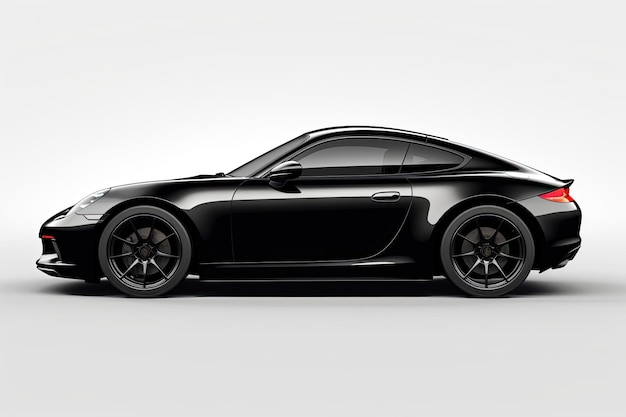 Um carro esportivo preto com rodas magnéticas é exibido em um fundo branco, dando-lhe um aspecto elegante e é
