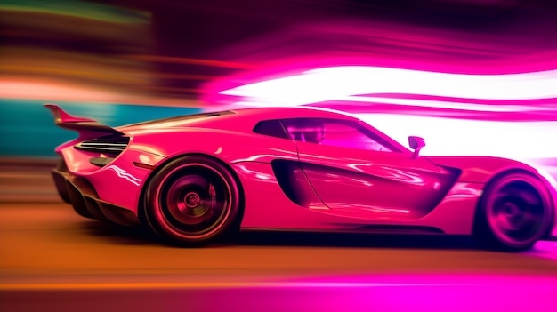 Um carro esportivo rosa com uma luz neon na beira da estrada.