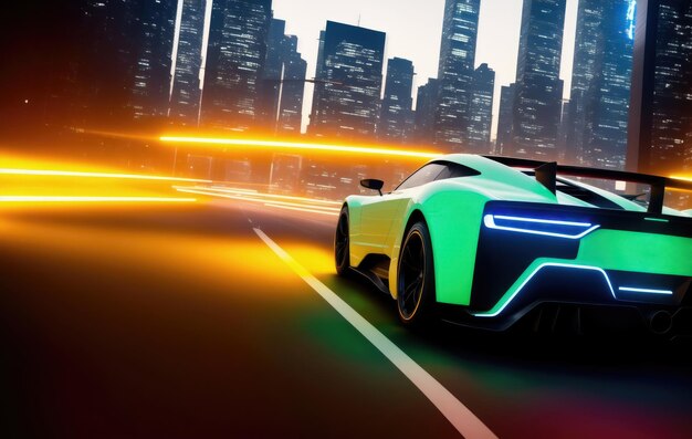 Um carro esportivo verde com a palavra velocidade na parte traseira AI Generated