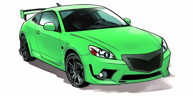 Um carro esportivo verde com uma capota plana sobre um fundo branco com uma sombra AI