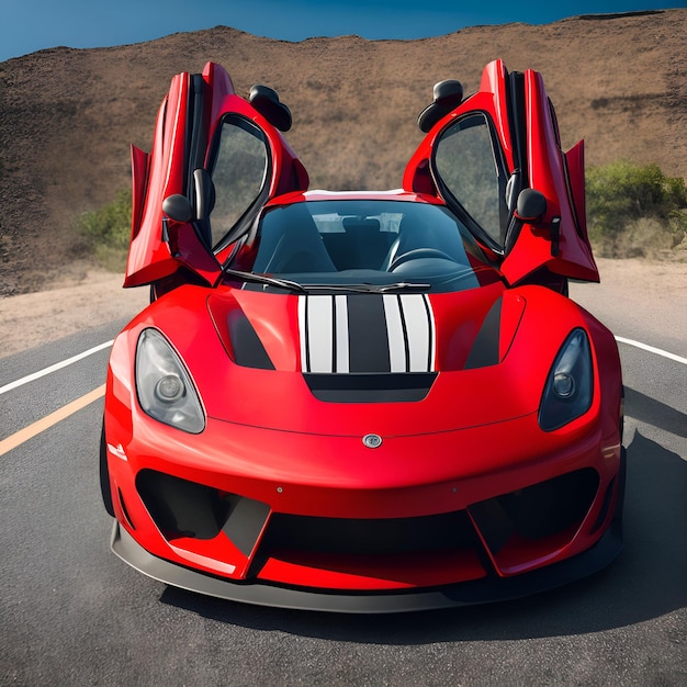 Foto um carro esportivo vermelho com as portas abertas e a palavra lamborghini na lateral.