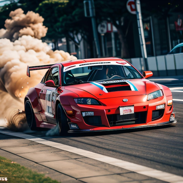 Foto um carro esportivo vermelho dirigindo em uma pista de corrida com fumaça saindo pela parte de trás do escapamento e
