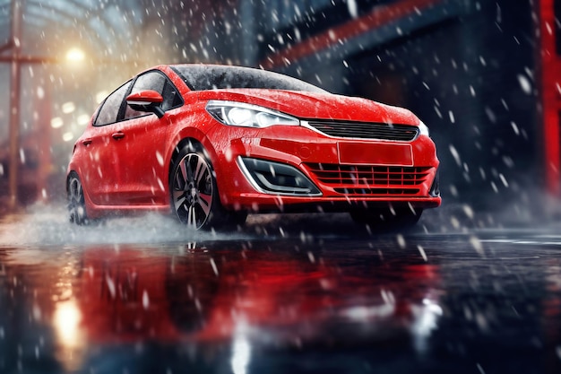 Um carro esportivo vermelho dirigindo por uma rua na chuva