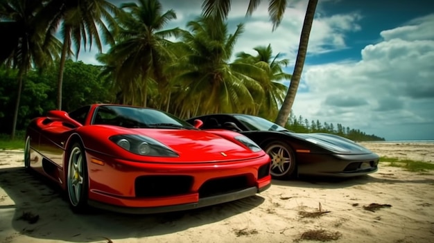 Um carro esportivo vermelho e um carro preto estão estacionados na praia.