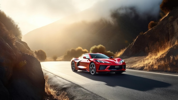 Um carro esportivo vermelho está dirigindo em uma estrada com montanhas ao fundo.