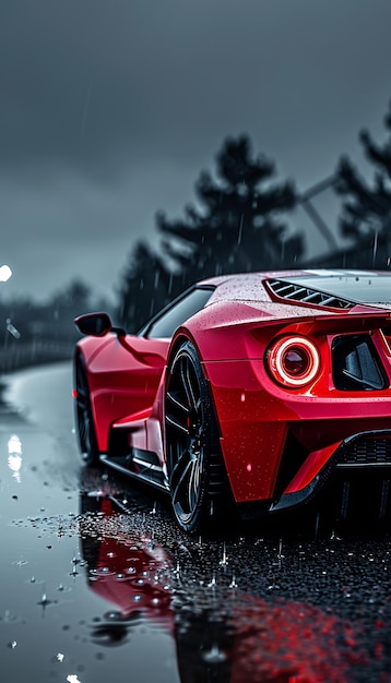 um carro esportivo vermelho está dirigindo na chuva