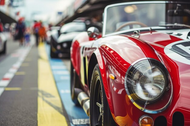 Foto um carro esportivo vermelho está estacionado à beira da estrada pronto para sua próxima aventura um carro esportivo vintage na linha de partida de uma corrida de carros clássicos ai gerado