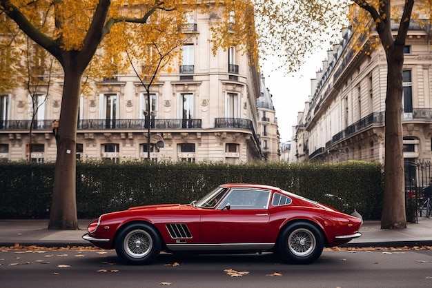 Um carro esportivo vermelho está estacionado em uma rua de Paris.