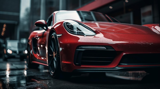 Um carro esportivo vermelho Porsche 911 gt3 em um dia chuvoso