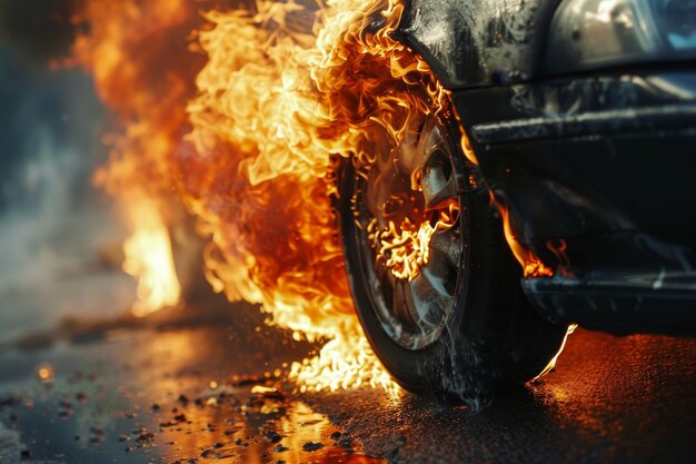 Um carro está a arder e a roda está a fumar.