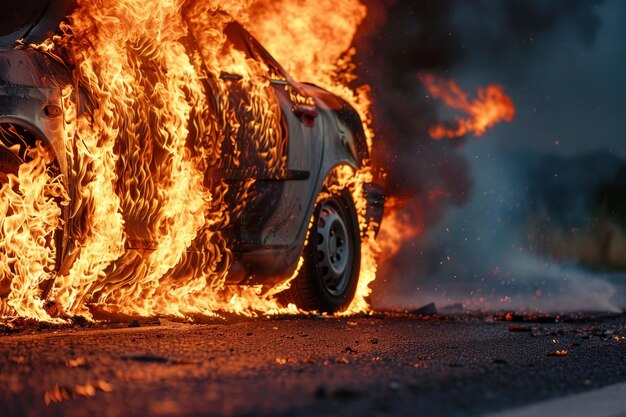 Foto um carro está a arder e as chamas estão a chegar ao céu.