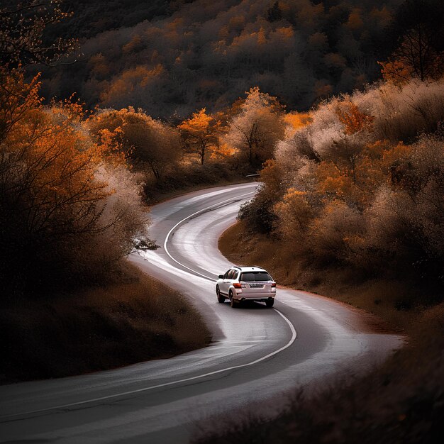 Um carro está a descer uma estrada.