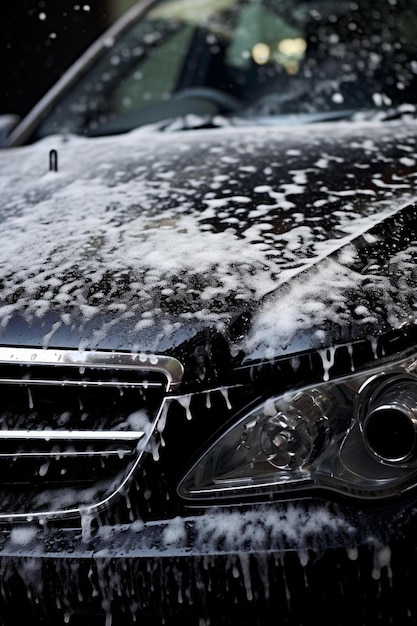 Foto um carro está coberto de neve e água.